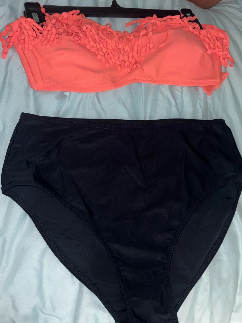 Women's Two-Piece Swim Set - Black Top & Coral Fringe Bottom